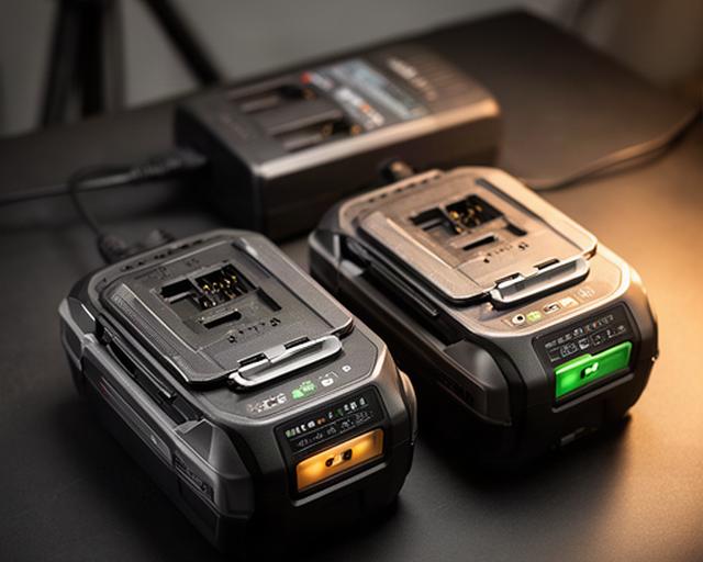 Due batterie V-Mount professionali con caricatore e indicatori di carica su banco da studio