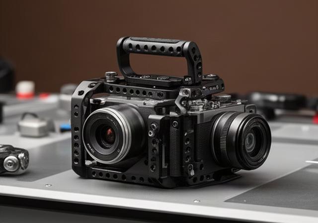 Cage universale nera con maniglia NATO e camera compatta su un tavolo tecnico
