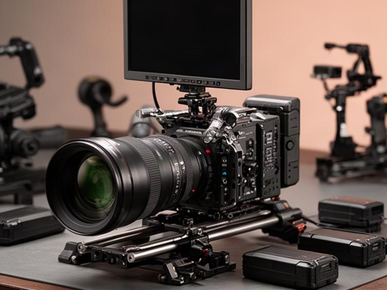Cinema camera kit modulare con obiettivo, monitor e matte box su banco tecnico