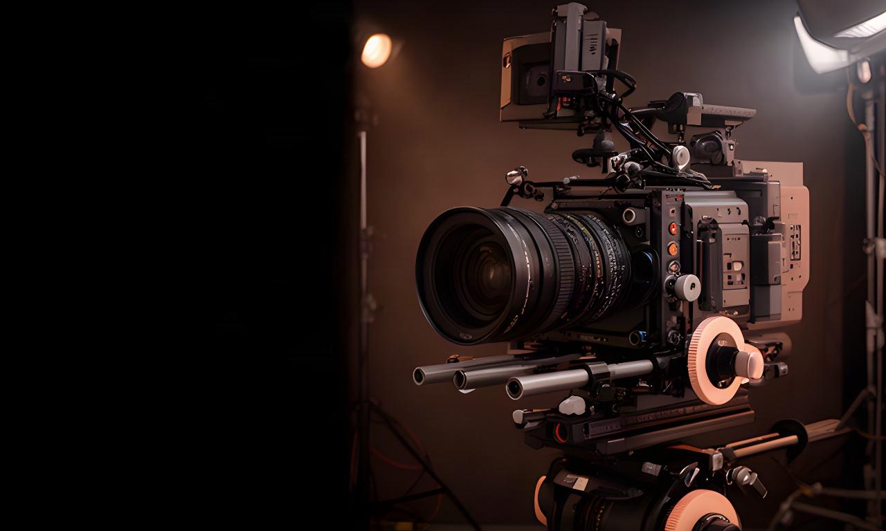 Fotocamera cinema montata su rig professionale in un set cinematografico scuro
