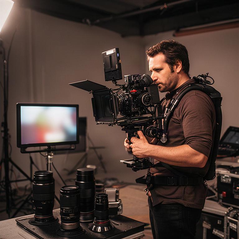 Filmmaker al lavoro su una cinepresa montata su rig in un set interno con monitor esterno e obiettivi cine