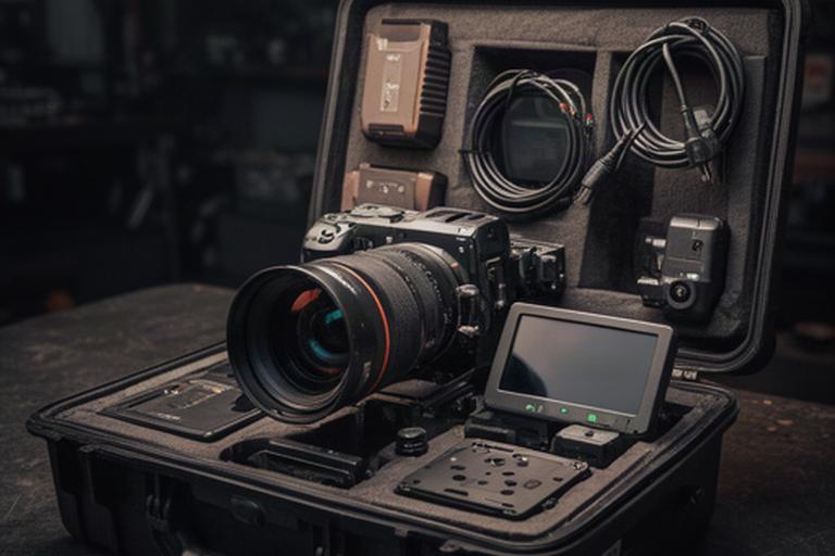 Valigia cinematografica aperta con camera, obiettivo, monitor e batterie su un banco da lavoro
