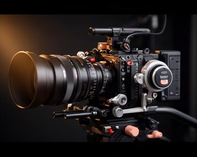 Kit per produzione commerciale con camera cinema 6K, lente cine e follow focus wireless su un set scuro