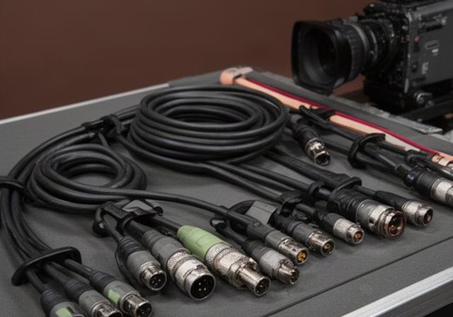 Set di cavi spiralati e prolunghe professionali organizzati accanto a una camera cinema